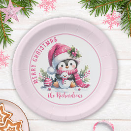 Plato De Papel Cute pingüino rosa personalizado Feliz Navidad