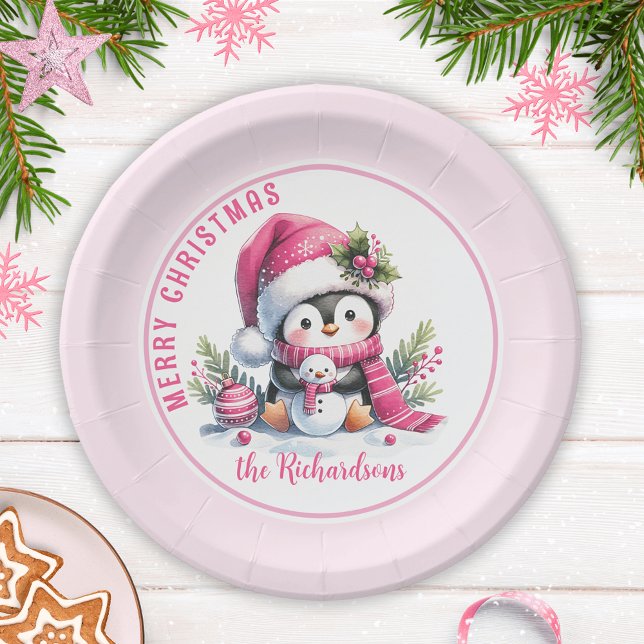 Plato De Papel Cute pingüino rosa personalizado Feliz Navidad (Subido por el creador)