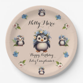 Plato De Papel Cute pingüinos nombra texto bilingüe Feliz cumplea