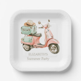 Plato De Papel Cute Pink and Aqua Coastal Scooter