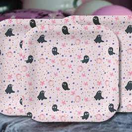 Plato De Papel Cute Pink and Black Sweet Spooky Ghost Halloween