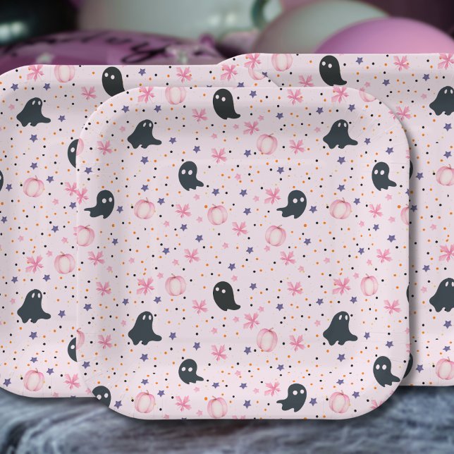 Plato De Papel Cute Pink and Black Sweet Spooky Ghost Halloween (Subido por el creador)