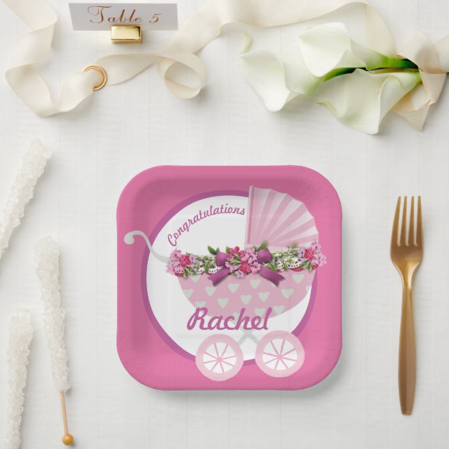 Plato De Papel Cute Pink Baby Stroller (Boda)