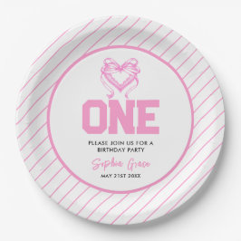 Plato De Papel Cute Pink Bow Coquette primer cumpleaños