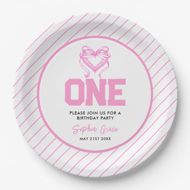 Plato De Papel Cute Pink Bow Coquette primer cumpleaños (Anverso)