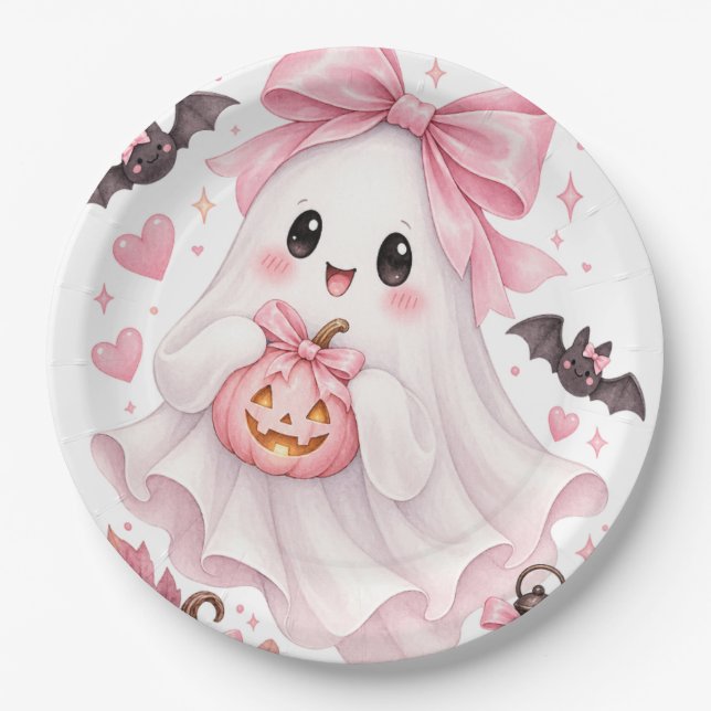 Plato De Papel Cute Pink Bow Fantasma Halloween Sticker (Anverso)