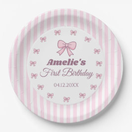 Plato De Papel Cute Pink Bow First Birthday 