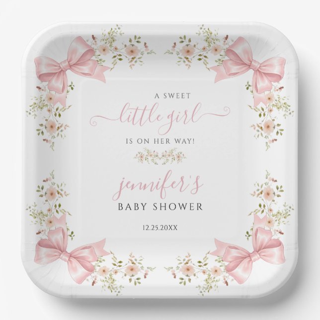 Plato De Papel Cute Pink Bow Floral Sweet Baby Shower (Anverso)