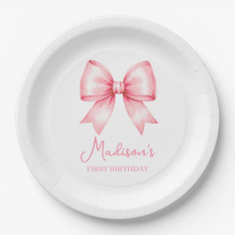 Plato De Papel Cute Pink Bow Girl First Birthday