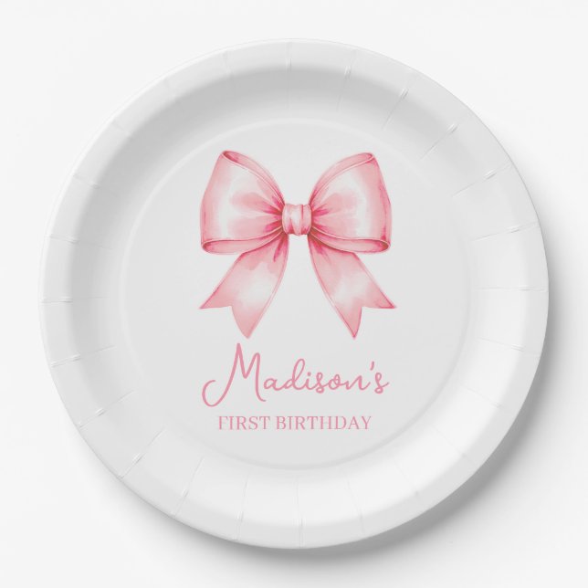 Plato De Papel Cute Pink Bow Girl First Birthday (Anverso)