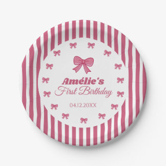 Plato De Papel Cute Pink Bow Girl First Birthday 