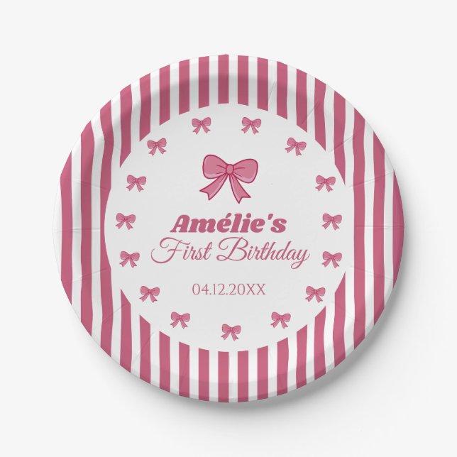 Plato De Papel Cute Pink Bow Girl First Birthday  (Anverso)