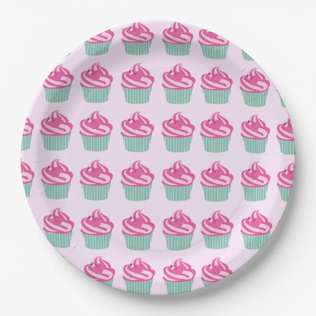 Plato De Papel Cute Pink Cupcakes Pattern Pastel Pink (Anverso)