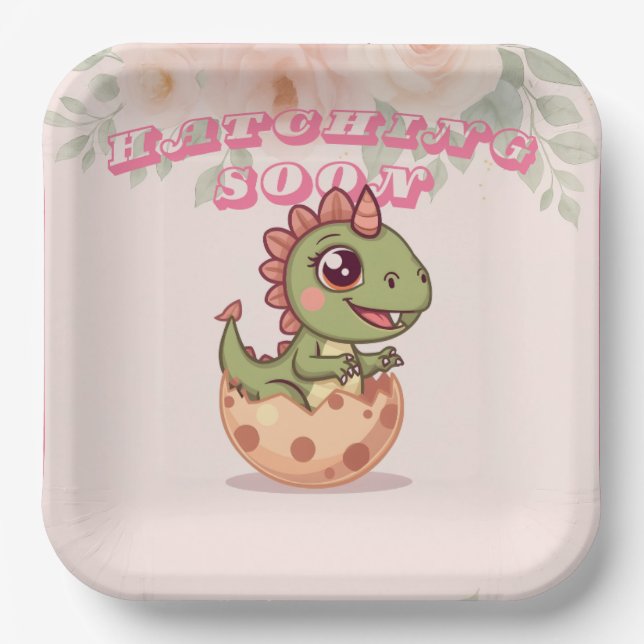 Plato De Papel Cute Pink Dino Hatching Soon (Anverso)