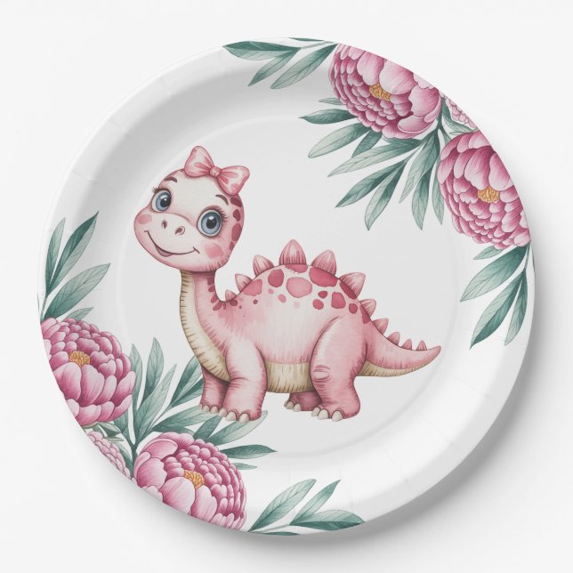 Plato De Papel Cute Pink Dinosaur and pink Baby Shower (Anverso)
