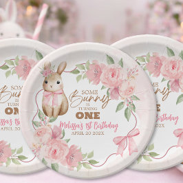 Plato De Papel Cute Pink Floral Some Bunny Turning One Birthday