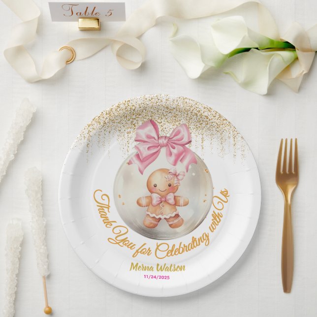 Plato De Papel Cute Pink Gingerbread Girl Bauble Christmas Baby  (Boda)