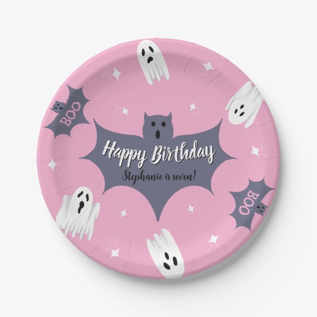 Plato De Papel Cute Pink Halloween Birthday Party (Anverso)