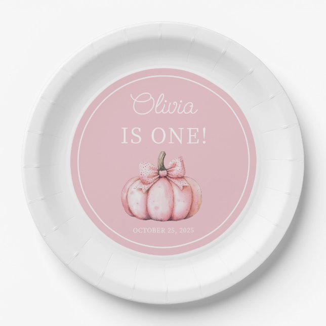 Plato De Papel Cute Pink Pumpkin Girl 1st Birthday (Anverso)