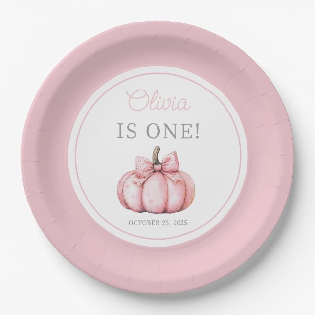 Plato De Papel Cute Pink Pumpkin Girl First Birthday (Anverso)