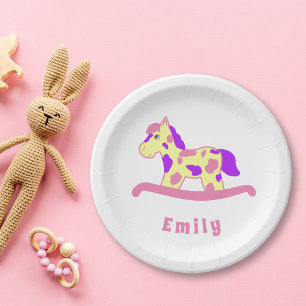 Plato De Papel Cute Pink Rocse Horse Girly Fiesta de Cumpleaños