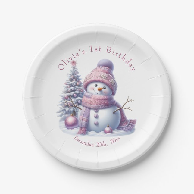 Plato De Papel Cute Pink Snowman Winter Birthday (Anverso)