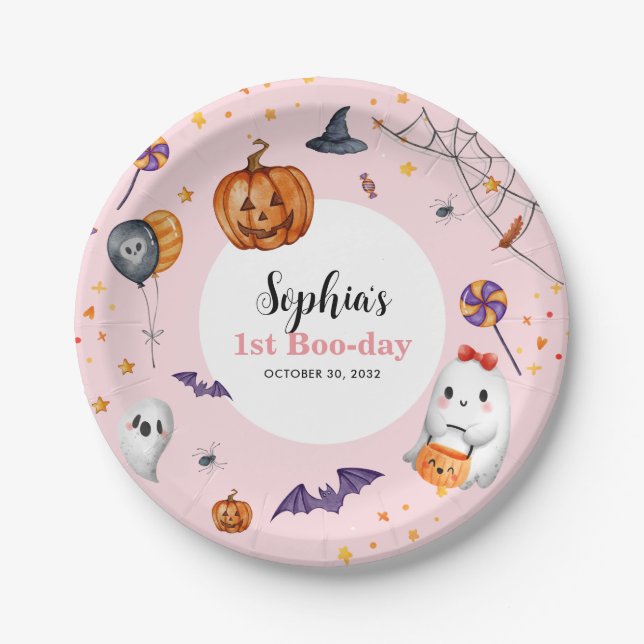 Plato De Papel Cute Pink Spooky Halloween Niños Cumpleaños (Anverso)