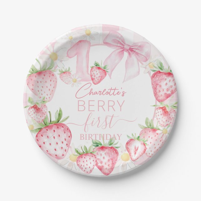Plato De Papel Cute Pink Strawberries Berry First 1st Birthday (Anverso)