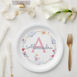 Plato De Papel Cute pink swan & sun floral wreath with monogram w