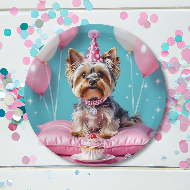 Plato De Papel Cute Pink Yorkie Birthday (Subido por el creador)
