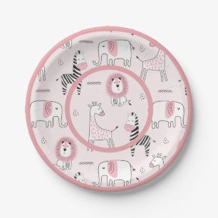 Plato De Papel Cute Pink Zoo Animals Zebra Baby Shower