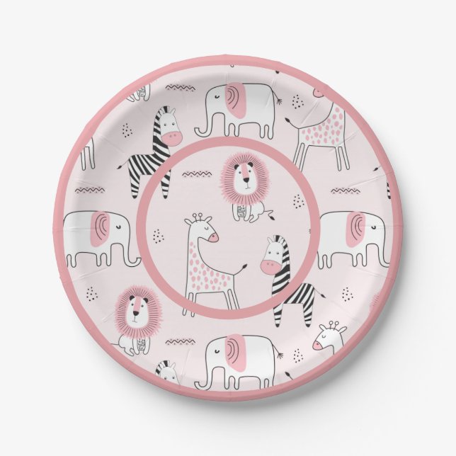 Plato De Papel Cute Pink Zoo Animals Zebra Baby Shower (Anverso)