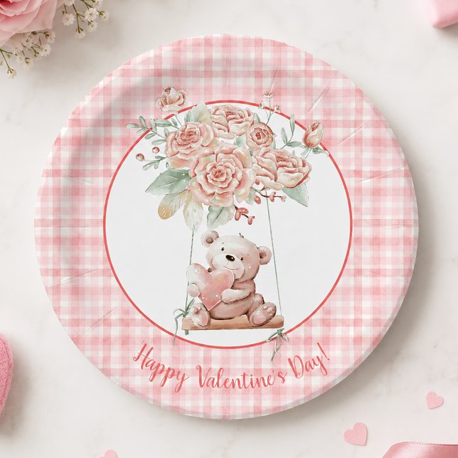 Plato De Papel Cute Plaid Rosa Día de San Valentín (Cute Valentine's Day Plate)