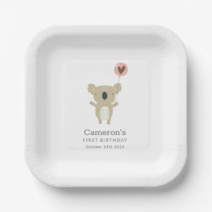 Plato De Papel Cute Playful Koala Sencillo Primer Cumpleaños