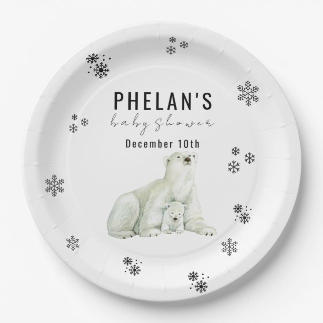 Plato De Papel Cute Polar Bear Winter Baby Shower (Anverso)