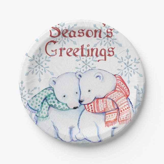 Plato De Papel Cute Polar Bears in Red and Green Scarf (Anverso)