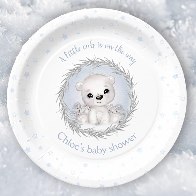 Plato De Papel Cute Polar Oso Winter Boy Baby Shower White (Cute Polar Bear Winter Boy Baby Shower White Paper Plates)