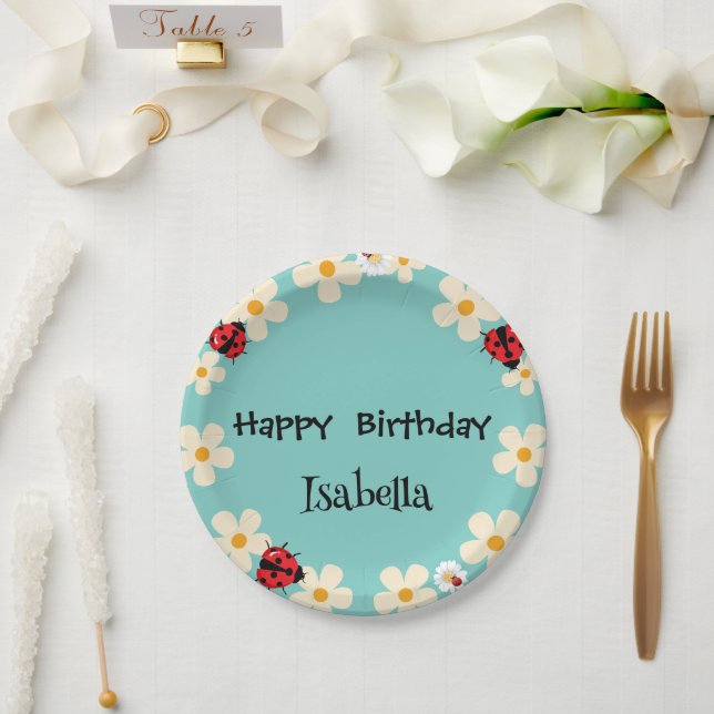 Plato De Papel Cute Polka dot Ladybug Daisy Flower Birday Party (Boda)