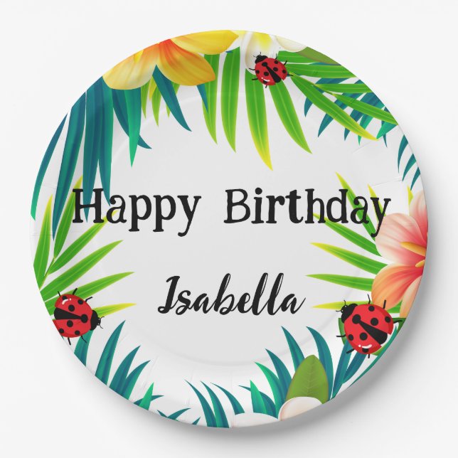 Plato De Papel Cute Polka dot Ladybug Verano Flower Cumpleaños (Anverso)