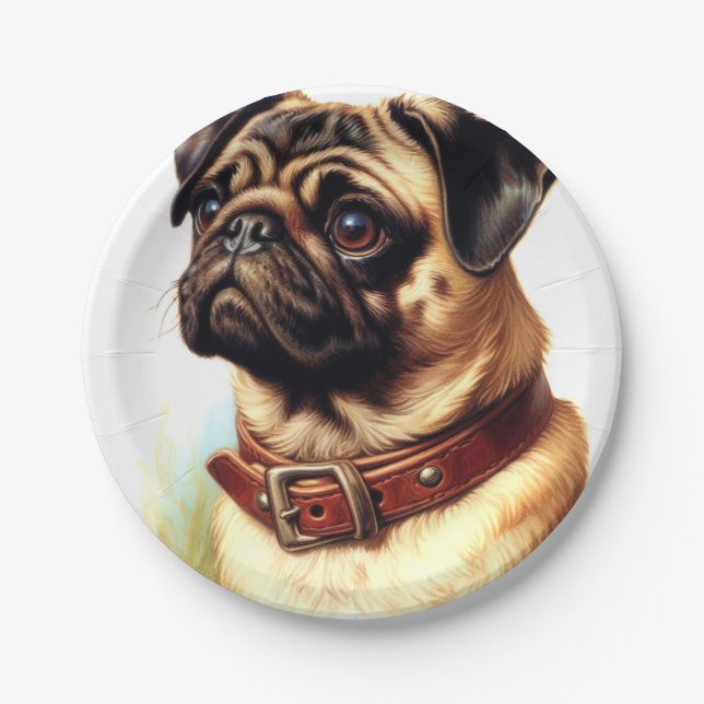 Plato De Papel Cute Pug Retro Pintura (Anverso)