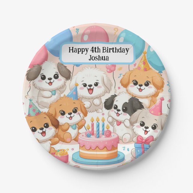 Plato De Papel Cute Puppies Personalizable Birthday Party Placas (Anverso)