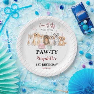 Plato De Papel Cute Puppy Dog Boy 1st Birthday | Pawty Time First