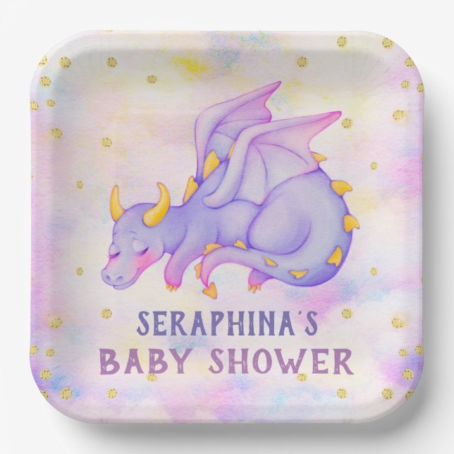 Plato De Papel Cute Purple Dragon Chicas Baby Shower Placa de pap (Anverso)