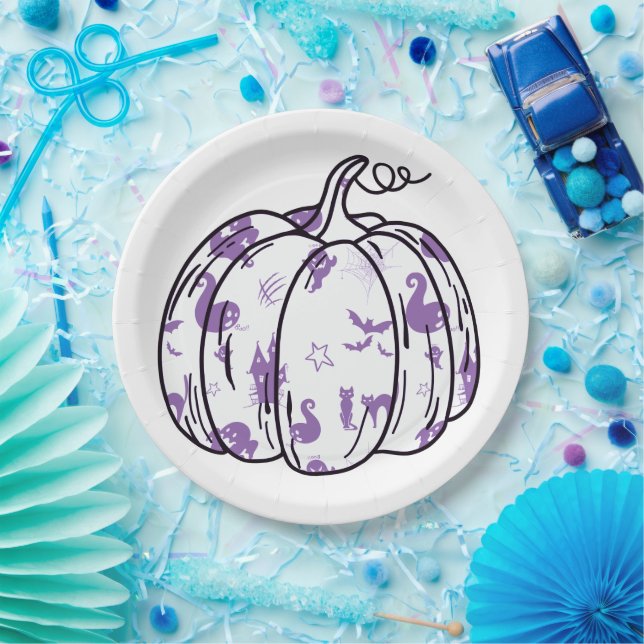 Plato De Papel Cute Purple Halloween Icons in Pumpkin (Fiesta)