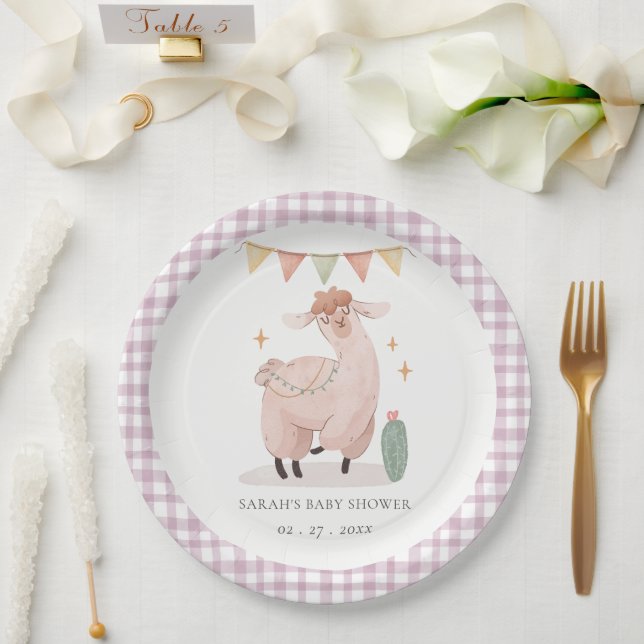 Plato De Papel Cute Purple Plaid Cactus Boho Llama Baby Shower (Boda)