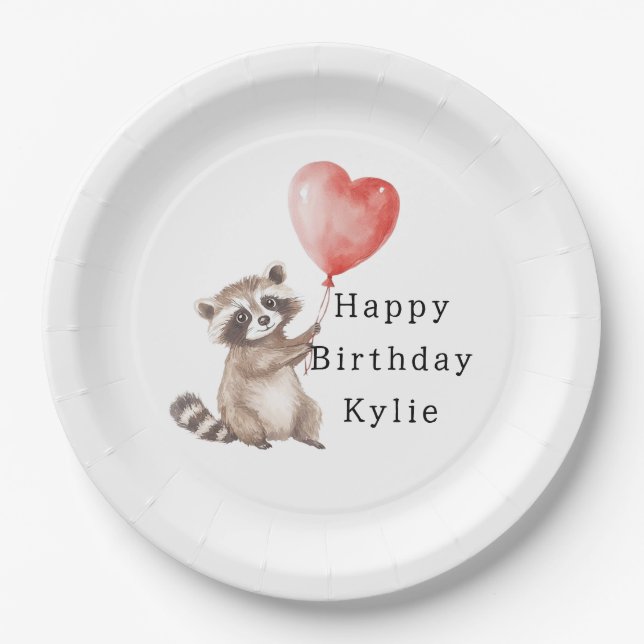 Plato De Papel Cute Raccoon Animal Heart Balloon Birthday (Anverso)