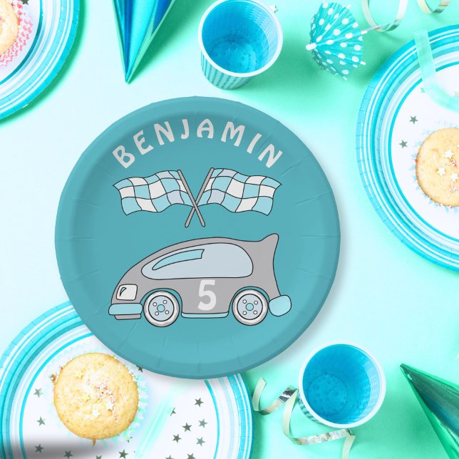 Plato De Papel Cute Race Car Blue Name Age Boy Birday Party (Subido por el creador)