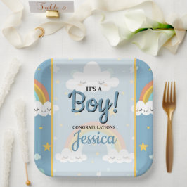 Plato De Papel Cute Rainbow and Sleeping Cloud Baby Shower