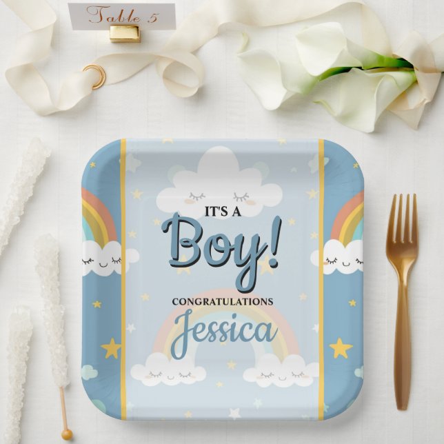 Plato De Papel Cute Rainbow and Sleeping Cloud Baby Shower (Boda)