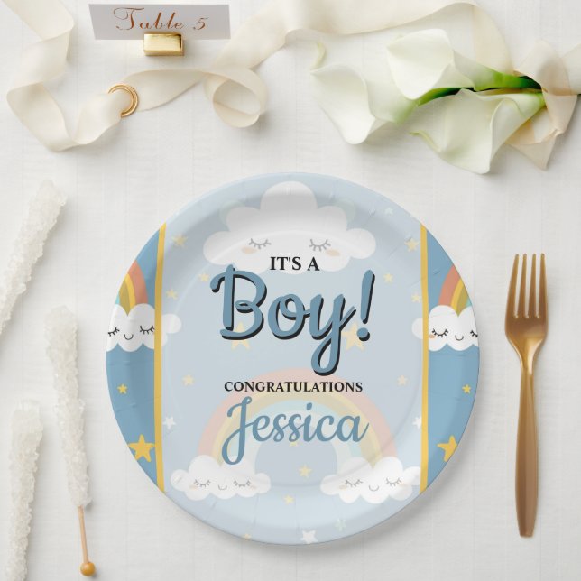 Plato De Papel Cute Rainbow and Sleeping Cloud Baby Shower (Boda)